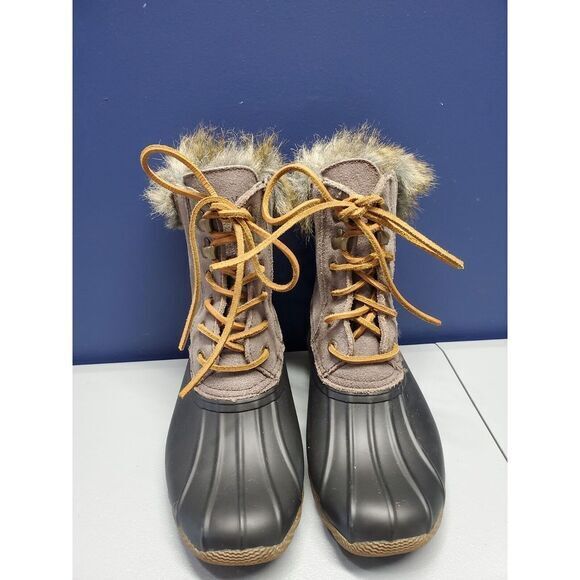 Sperry Top Sider Duck Boots Womens 5 Gray Black Suede Faux Fur Waterproof Rubber - Picture 2 of 12